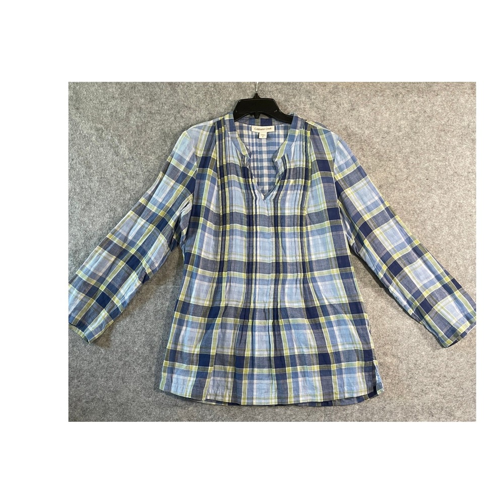 Coldwater Creek Womens Blue Green Plaid Pintuck Split Neck Roll Tab Tunic Top M